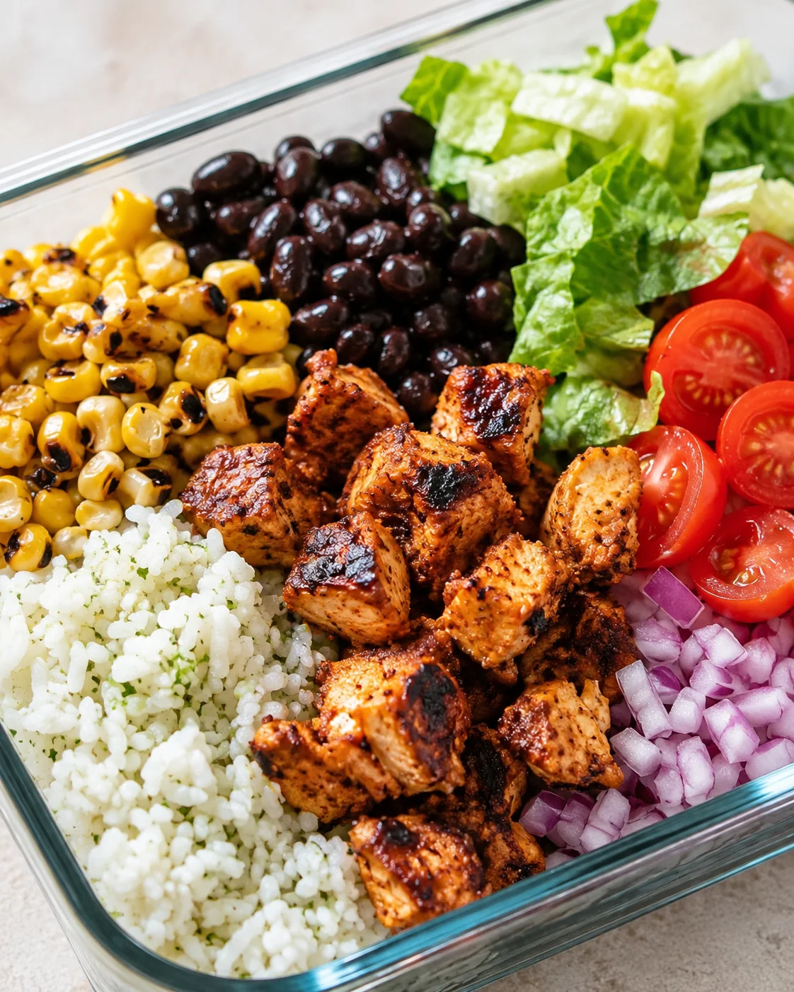 Close-up chipotle chicken meal prep bowl with bone broth cilantro-lime rice, charred corn, black beans, tomatoes and romaine