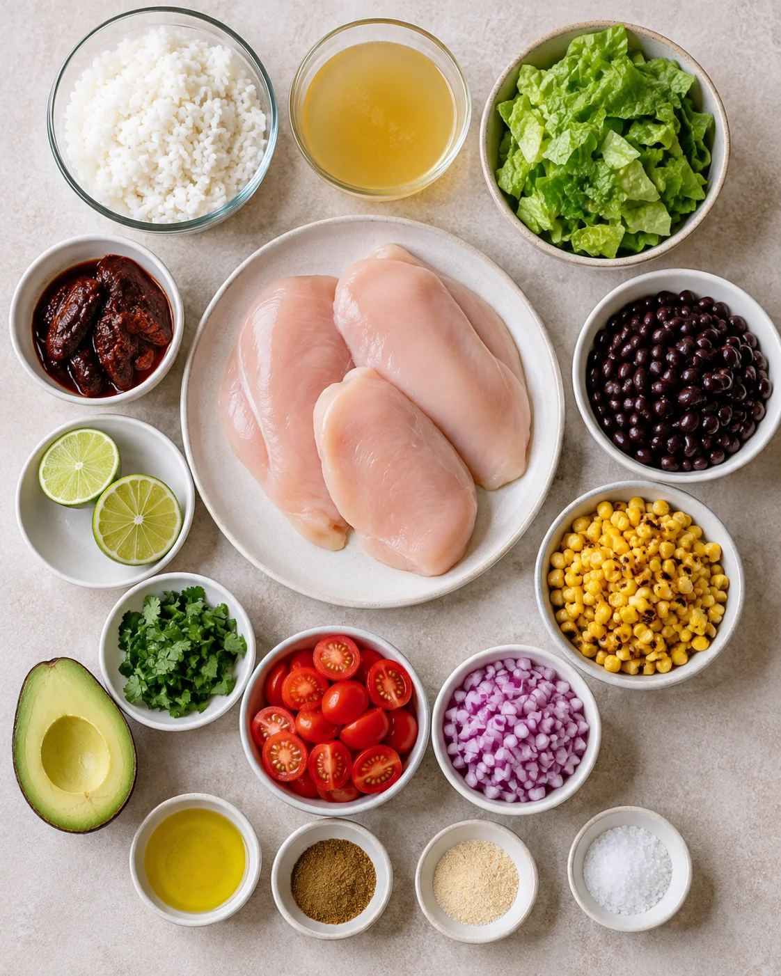 Top-down layout of ingredients for chipotle chicken meal prep bowls including raw chicken, rice, bone broth, corn, beans, tomatoes, avocado and spices
