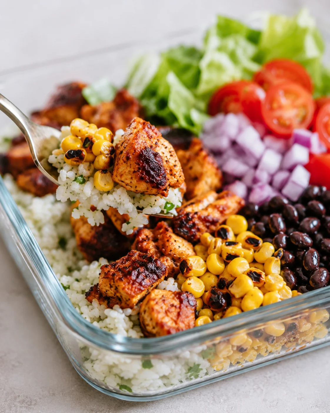Spoon lifting a bite of chipotle chicken, bone broth rice and charred corn from a meal-prep bowl