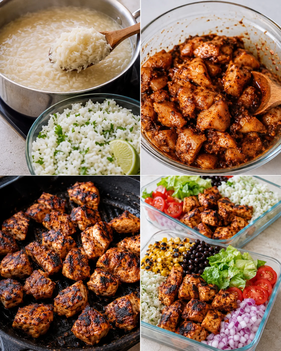 Four-photo collage showing rice cooking, marinated chicken, seared chicken in skillet and assembled meal prep bowls