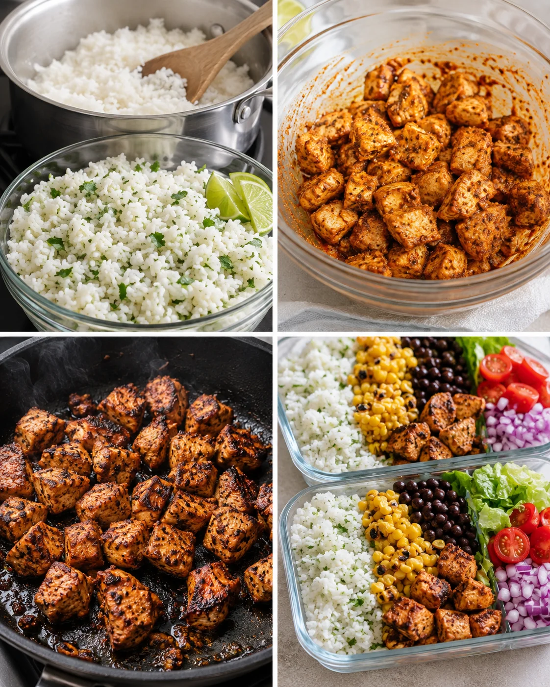 Grid of preparation steps for chipotle chicken bowls showing rice, marinated chicken, skillet sear and plated meal-prep containers
