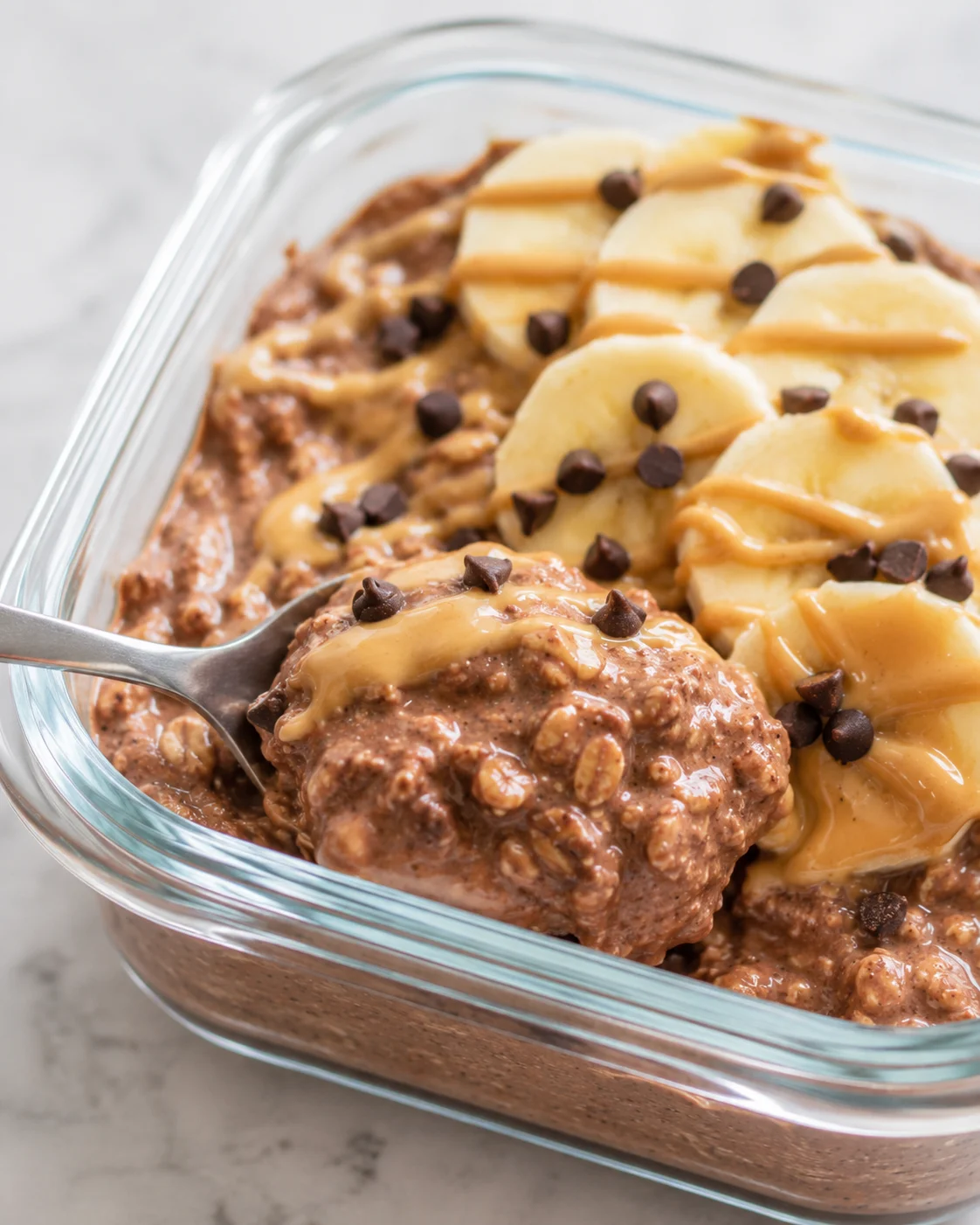 Glass container of chocolate peanut butter overnight oats with banana slices, peanut butter drizzle and chocolate chips, a spoon lifting a portion