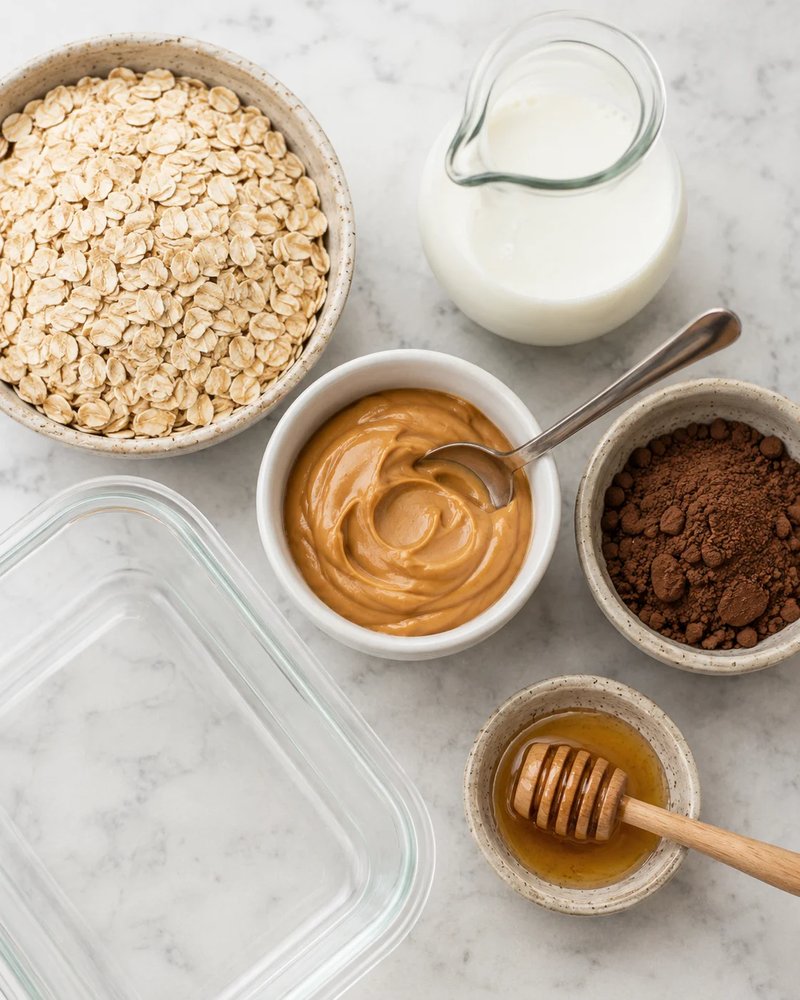 Top-down view of rolled oats, peanut butter, cocoa powder, almond milk and honey arranged on a marble surface