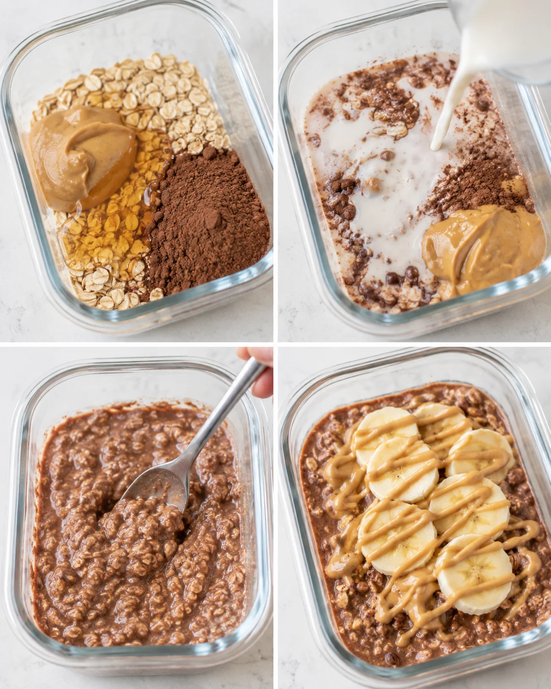 Four-panel collage showing measuring ingredients, pouring milk, stirring oats, and finished oats topped with banana and peanut butter