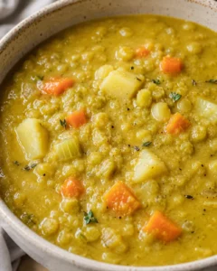 Close-up view of classic split pea soup showing creamy texture with potatoes, carrots and thyme