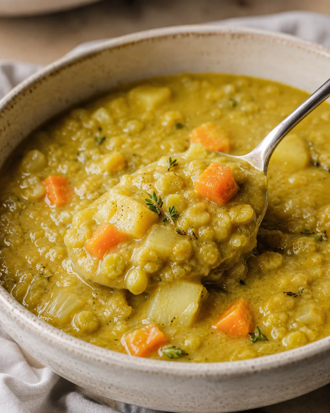 Bowl of classic split pea soup with a spoon lifting a chunky spoonful of peas, potatoes and carrots