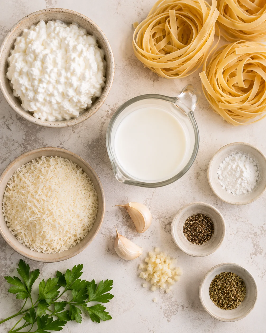 Top-down arrangement of ingredients for cottage cheese Alfredo: cottage cheese, milk, grated Parmesan, pasta nests, garlic, and seasonings