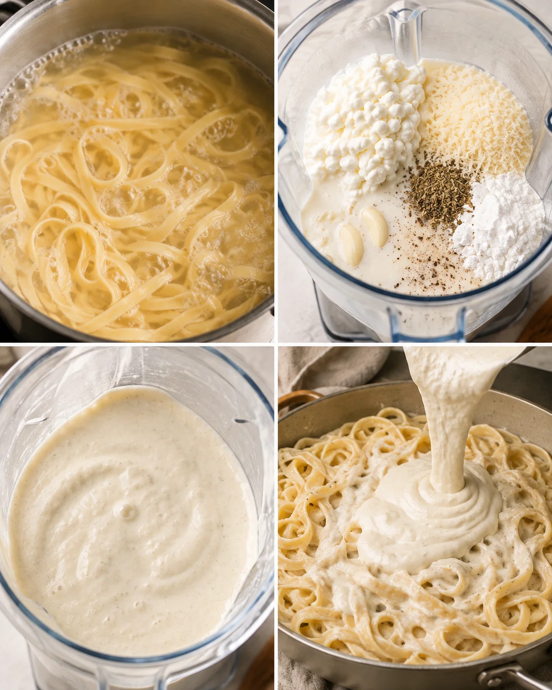 Collage showing pasta boiling, blender with ingredients, blended sauce, and sauce being poured over pasta