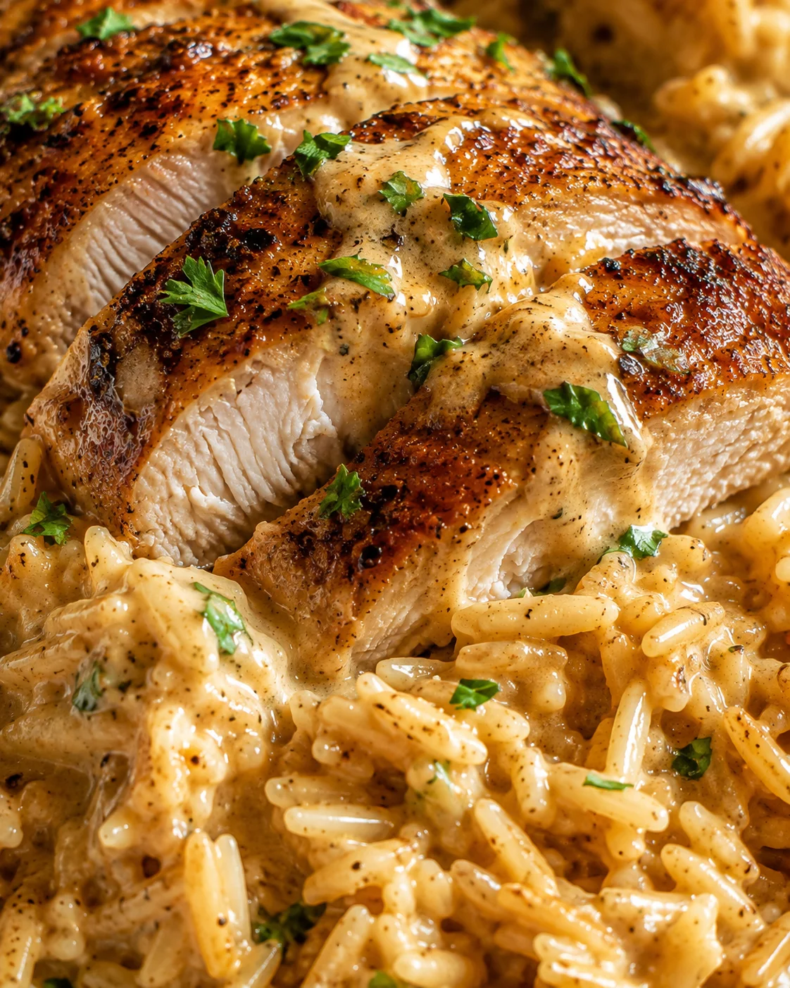 Macro close-up of Cajun chicken crust, creamy sauce, and garlic rice