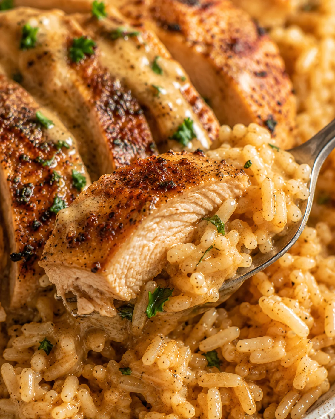 Fork lifting a bite of Cajun chicken and garlic rice with creamy sauce