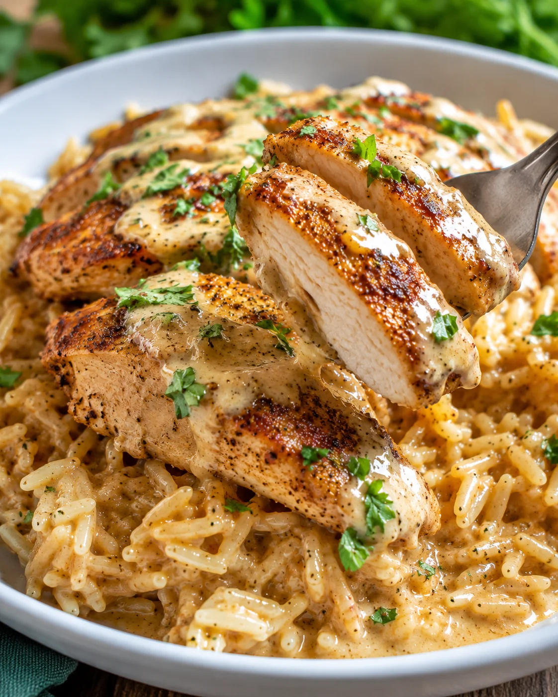 Fork lifting a slice of Cajun chicken above creamy garlic rice