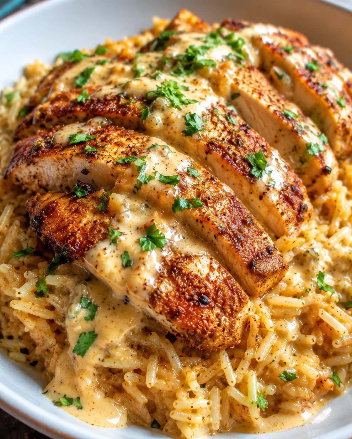 Sliced creamy Cajun chicken served over garlic rice with chopped parsley