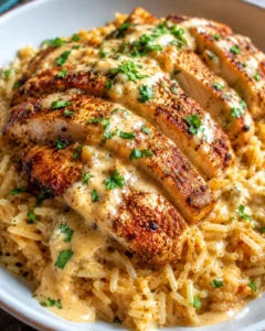 Sliced creamy Cajun chicken served over garlic rice with chopped parsley