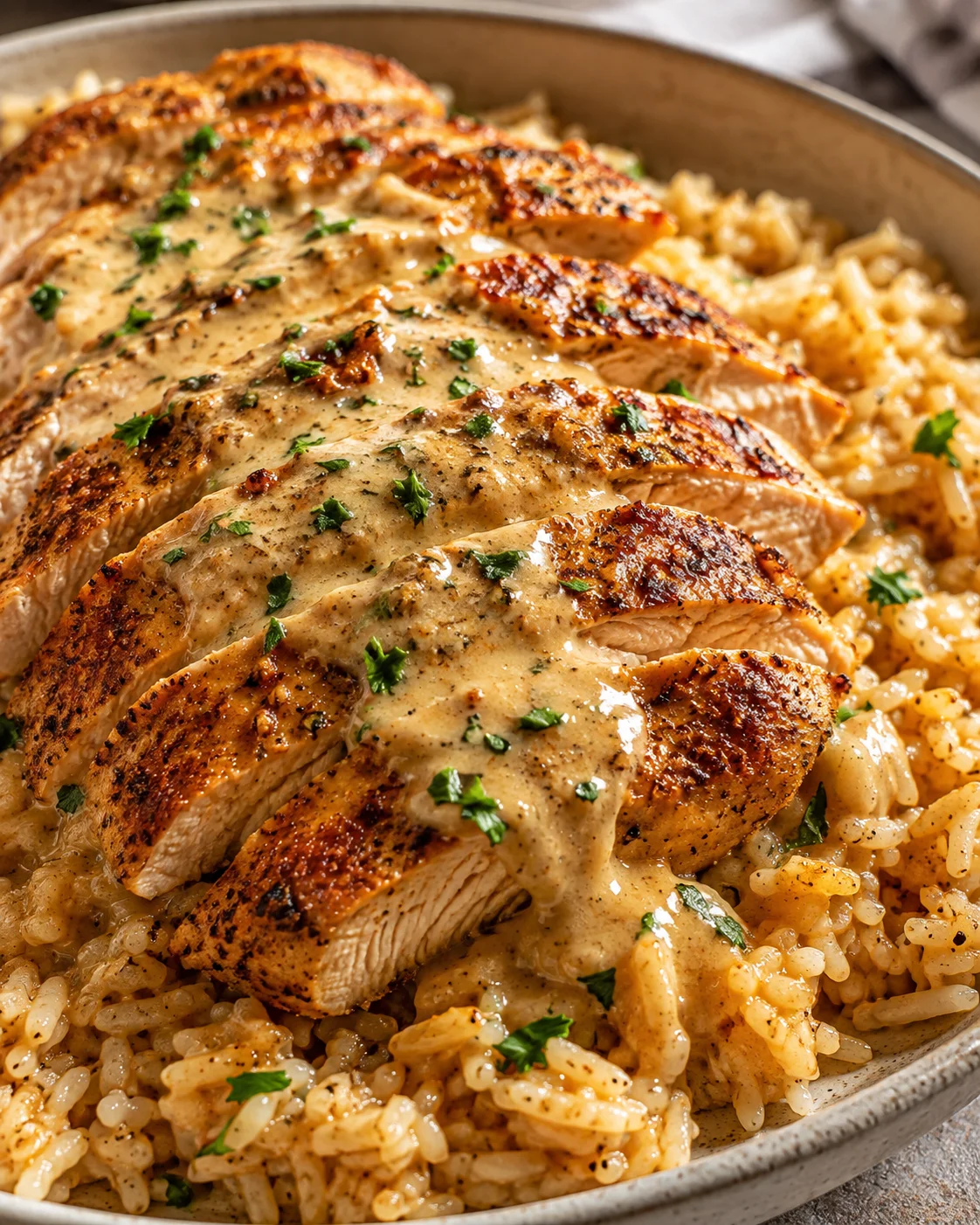 Sliced creamy Cajun chicken served over garlic rice with chopped parsley