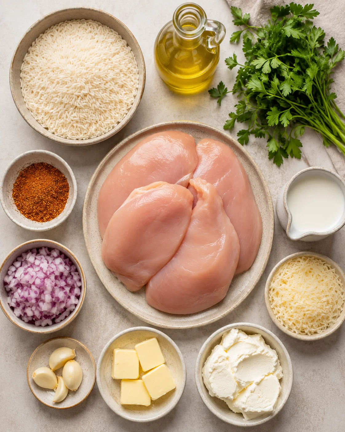 Top-down ingredients for creamy Cajun chicken and garlic rice including chicken, rice, spices, butter, cream cheese and parsley