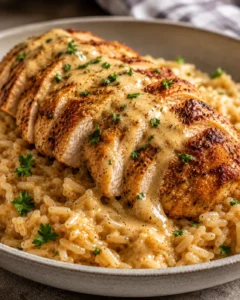 Side view of sliced Cajun chicken with creamy sauce over garlic rice