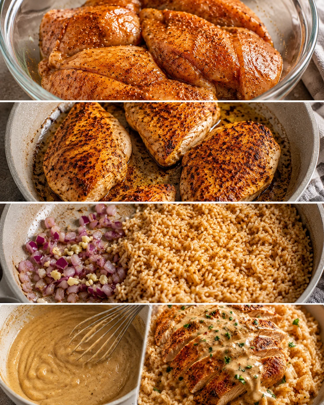 Collage of cooking steps showing seasoned chicken, searing, sautéed onions with rice, sauce whisking and the finished plated dish