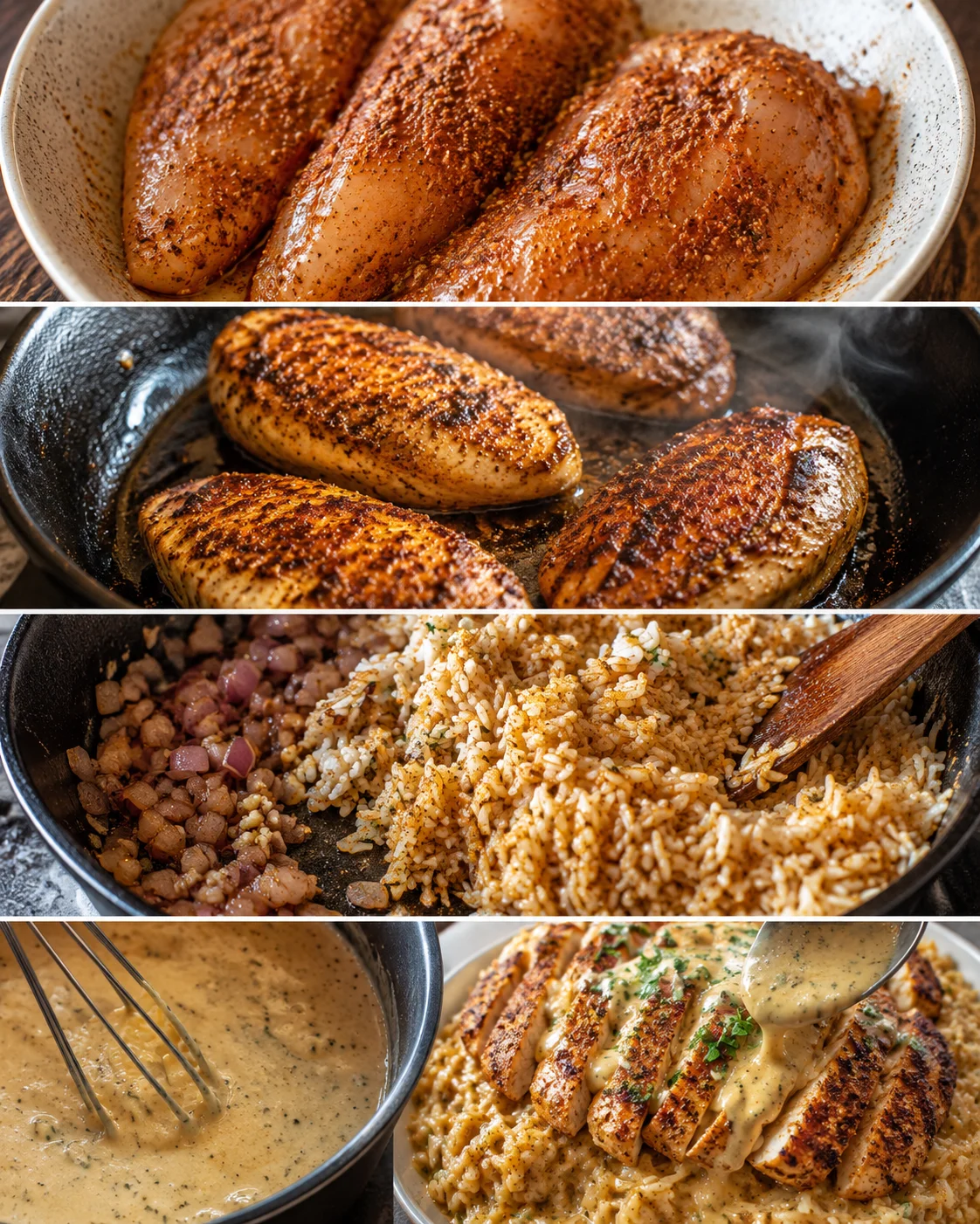 Collage showing seasoned raw chicken, searing in pan, rice cooking, whisked sauce and final plating