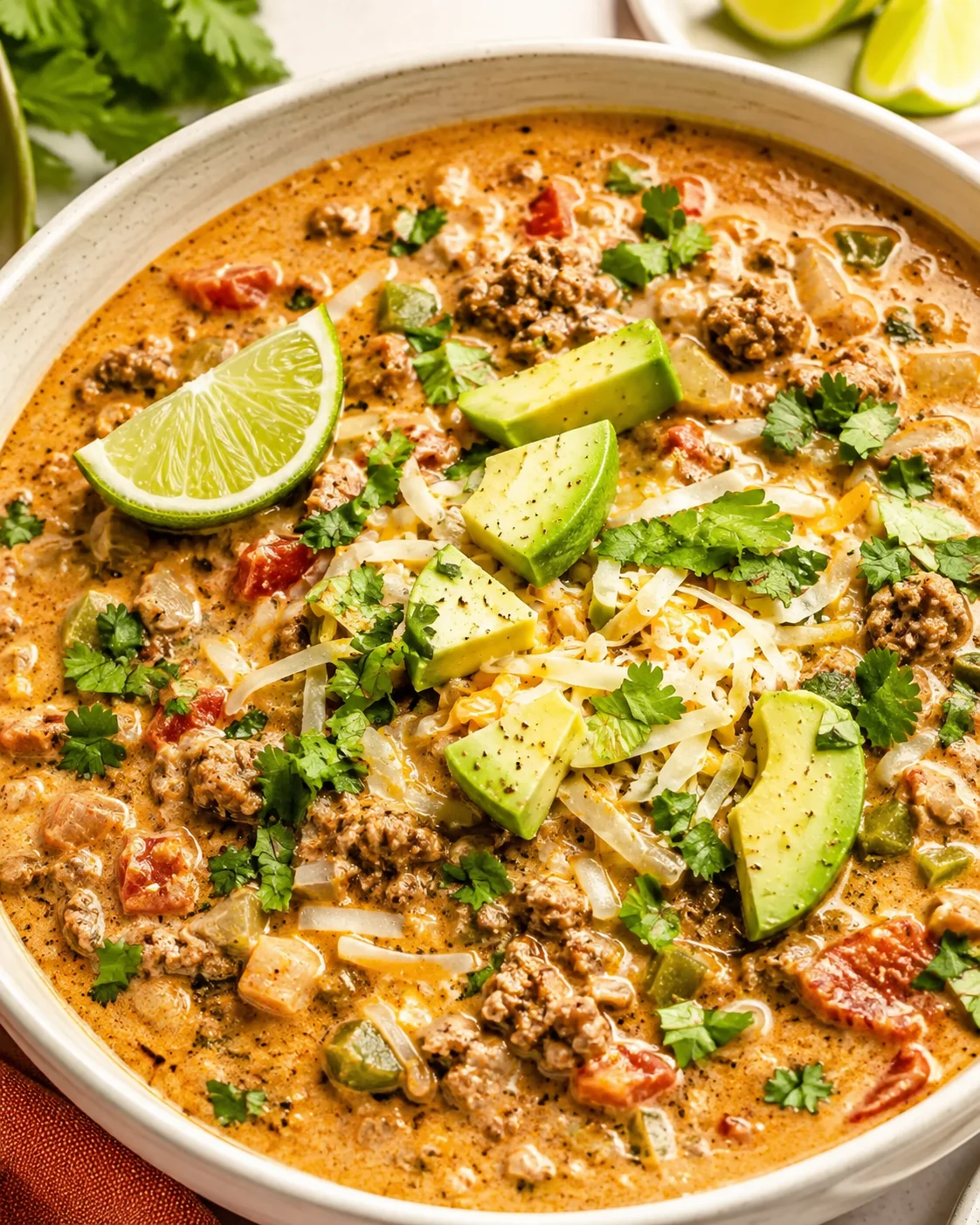 Bowl of creamy taco soup topped with avocado slices, shredded cheese, cilantro and a lime wedge