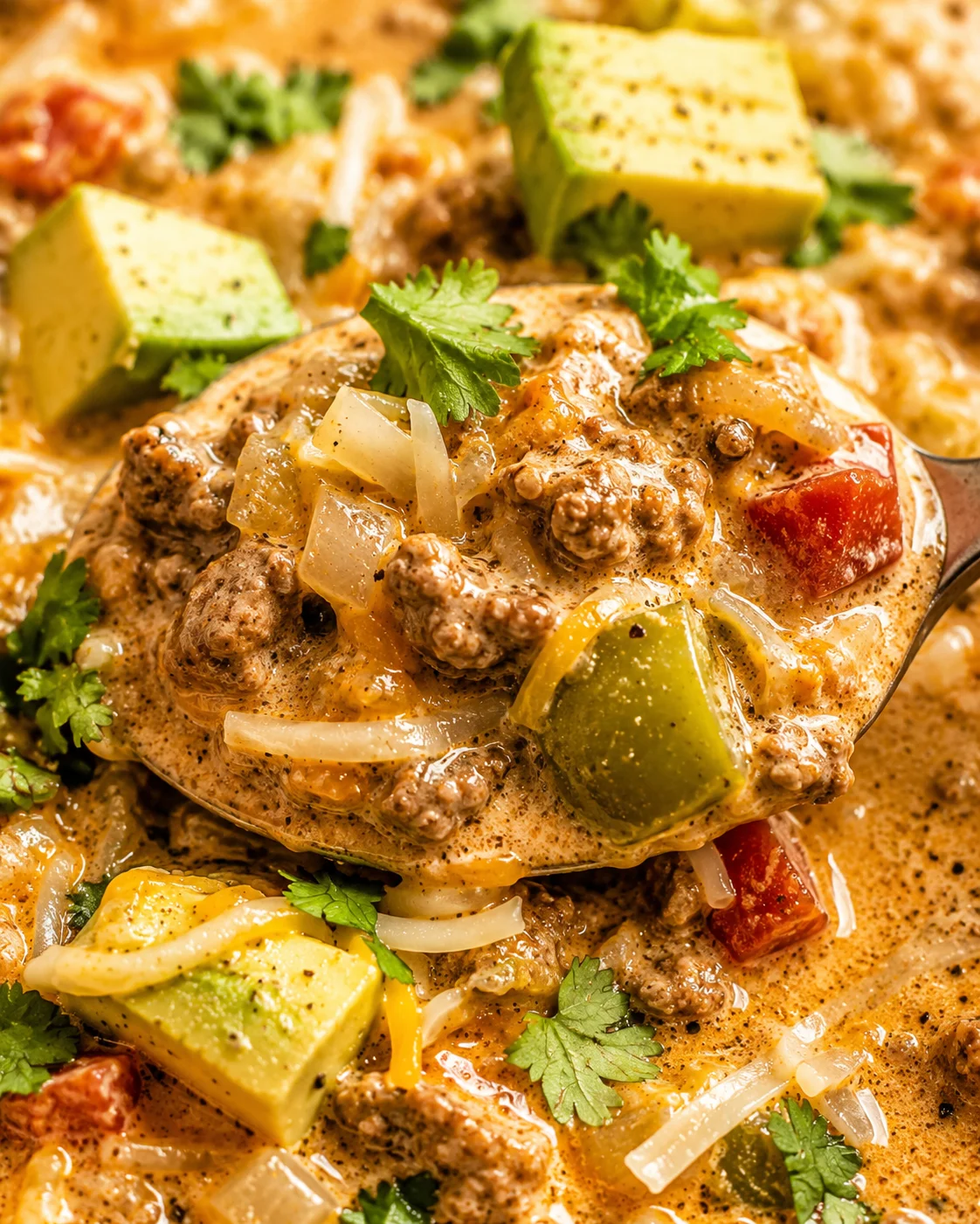 Close-up detail of creamy taco soup showing ground beef, onions, bell pepper and avocado cubes