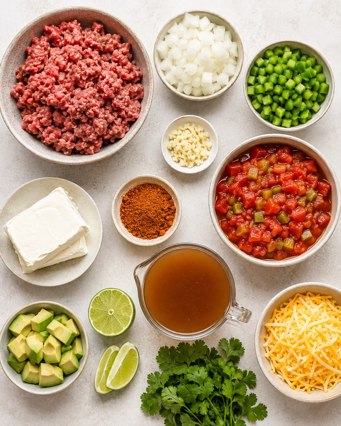 Top-down layout of ingredients including ground beef, diced onion, bell pepper, cream cheese, Rotel tomatoes, taco seasoning, beef broth, avocado, lime, cheese,