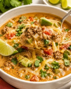 Spoon lifting a spoonful of creamy taco soup with ground beef, avocado and tomatoes