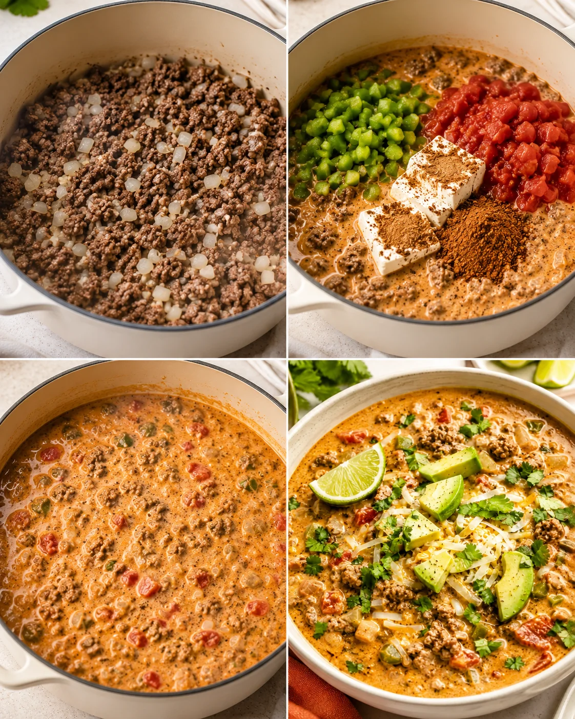 Four-panel collage showing browning beef, adding cream cheese and tomatoes, simmering the soup, and the finished bowl