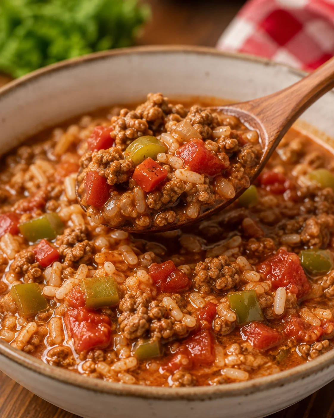 Bowl of crockpot stuffed pepper soup with a wooden spoon lifting a spoonful