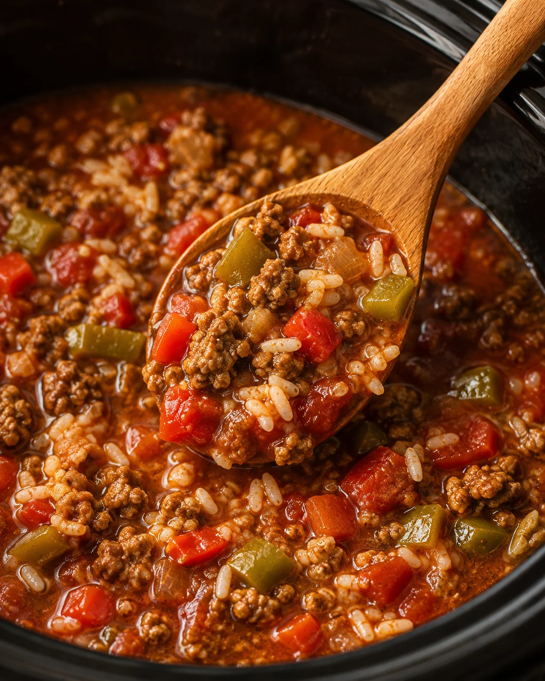 Spoon lifting a serving of crockpot stuffed pepper soup from a slow cooker showing beef, rice, and peppers
