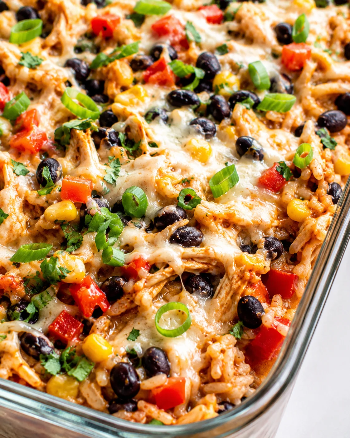 Finished chicken burrito casserole in a glass baking dish topped with melted cheese, black beans, corn, diced red pepper and sliced green onions