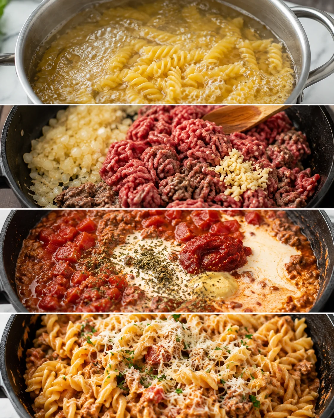 Collage of cooking steps showing boiling pasta, browning beef and onions, adding tomatoes and cream, and finished pasta