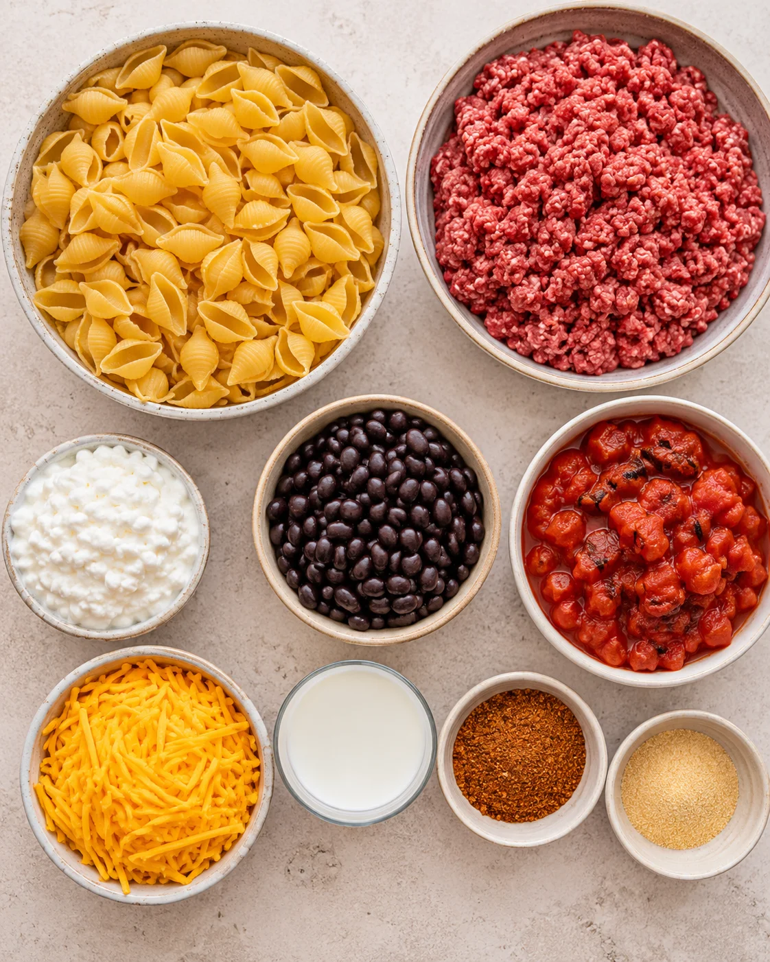 Top-down arrangement of ingredients for easy healthy taco pasta: pasta, ground beef, black beans, cottage cheese, tomatoes, cheese, milk and seasonings