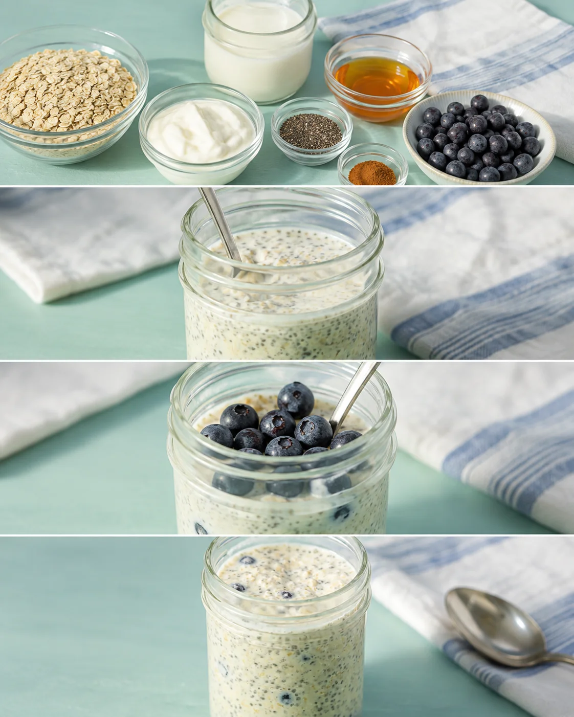 Four-panel sequence showing ingredients, jar assembly, blueberries added and finished jar of easy overnight oats