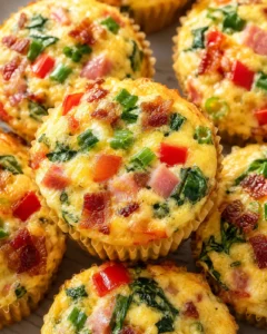 Close-up of cottage cheese egg bites in paper liners topped with ham, bacon, red bell pepper and green onion