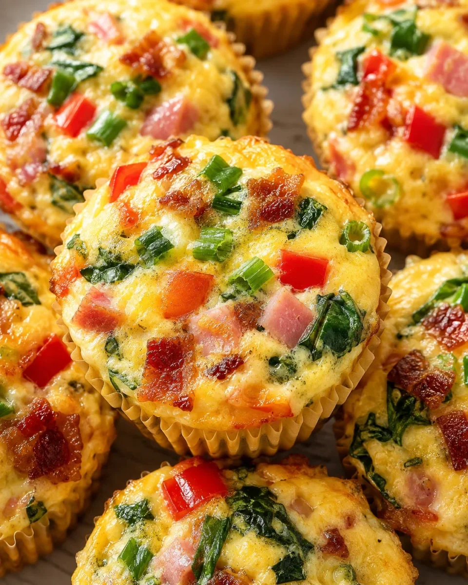 Close-up of cottage cheese egg bites in paper liners topped with ham, bacon, red bell pepper and green onion