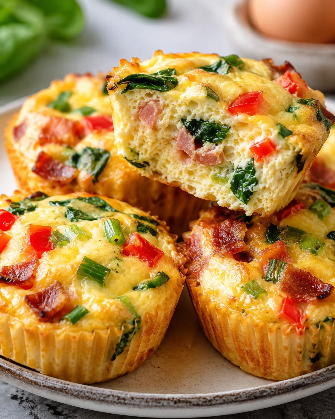 Plate of cottage cheese egg bites with one piece lifted to show the fluffy interior and mix-ins