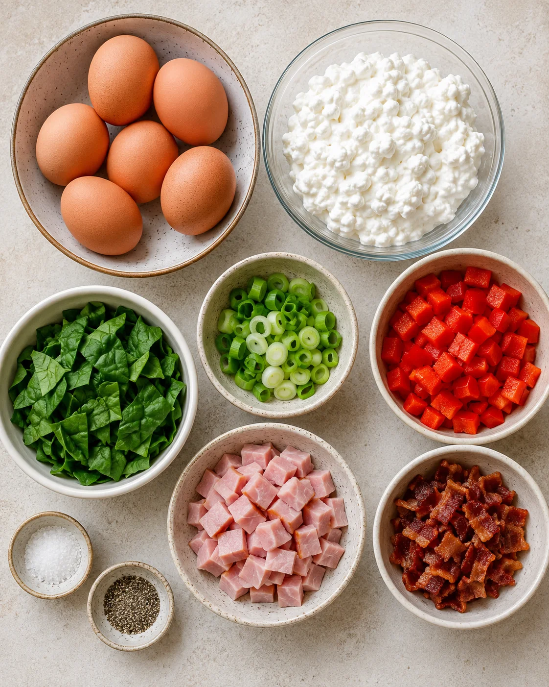 Top-down layout of eggs, cottage cheese and prepared mix-ins for egg bites