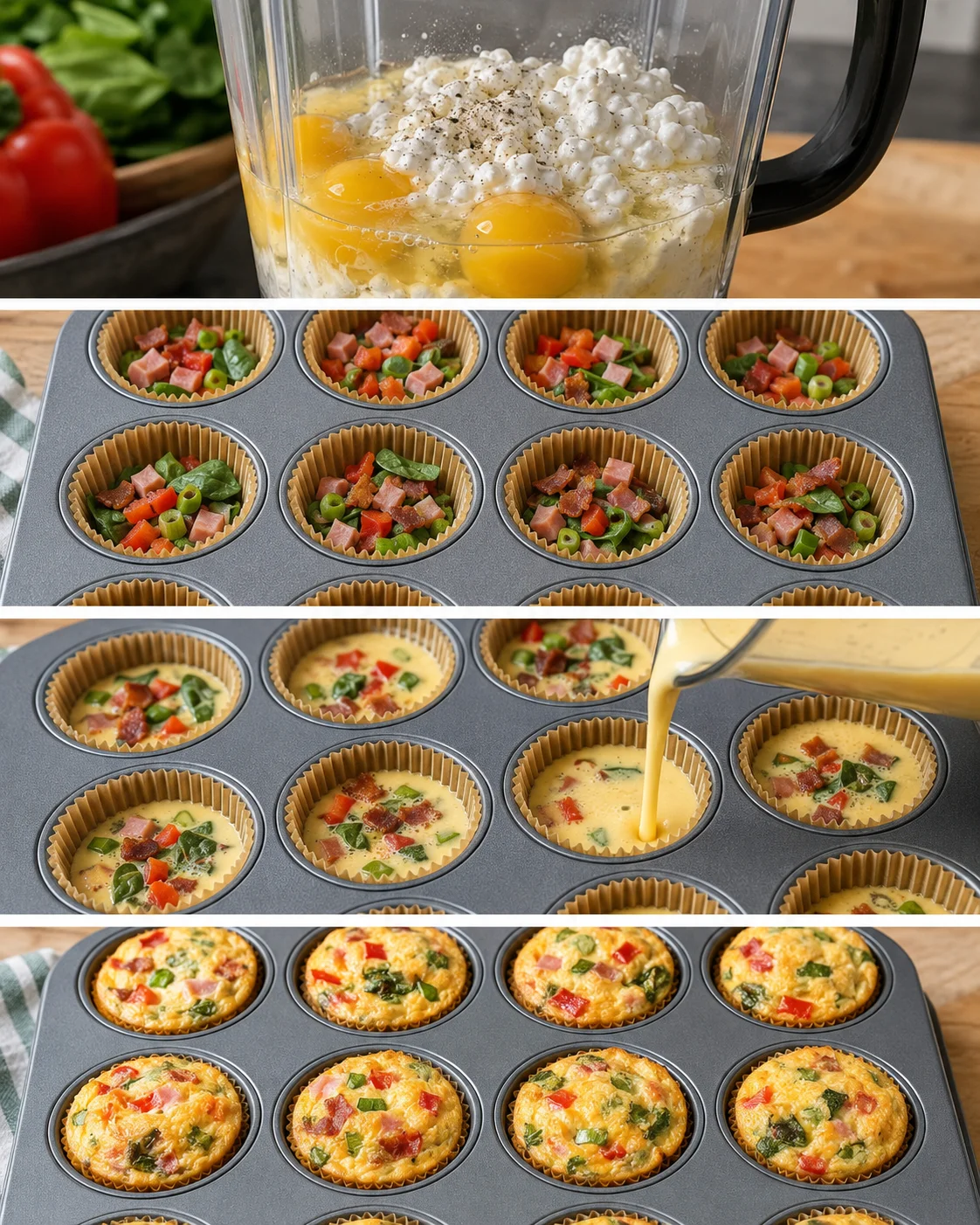 Collage showing eggs and cottage cheese in a blender, muffin tin filled with mix-ins, pouring egg mixture and baked egg bites