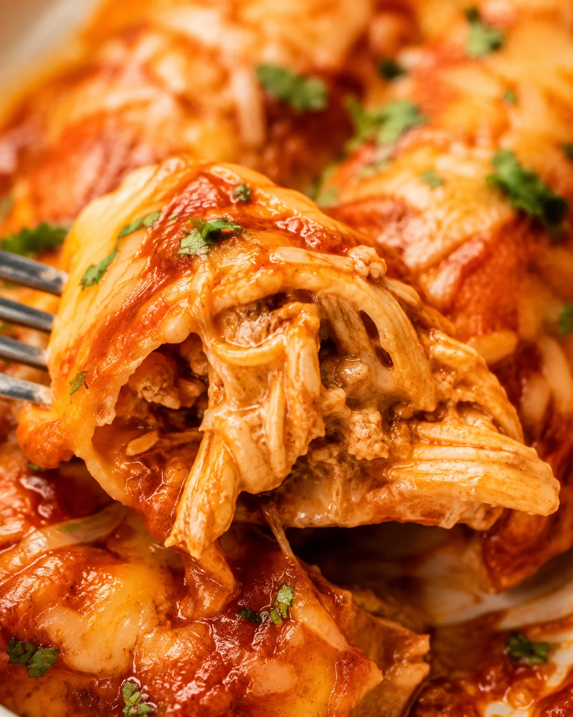 Close-up of the shredded chicken and melted cheese inside a high protein enchilada