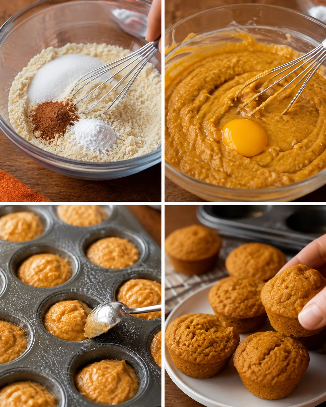 Four-panel collage showing whisking dry ingredients, mixing pumpkin and egg, spooning batter into a muffin tin, and baked muffins on a plate