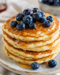 Stack of fluffy Greek yogurt pancakes topped with blueberries and maple syrup