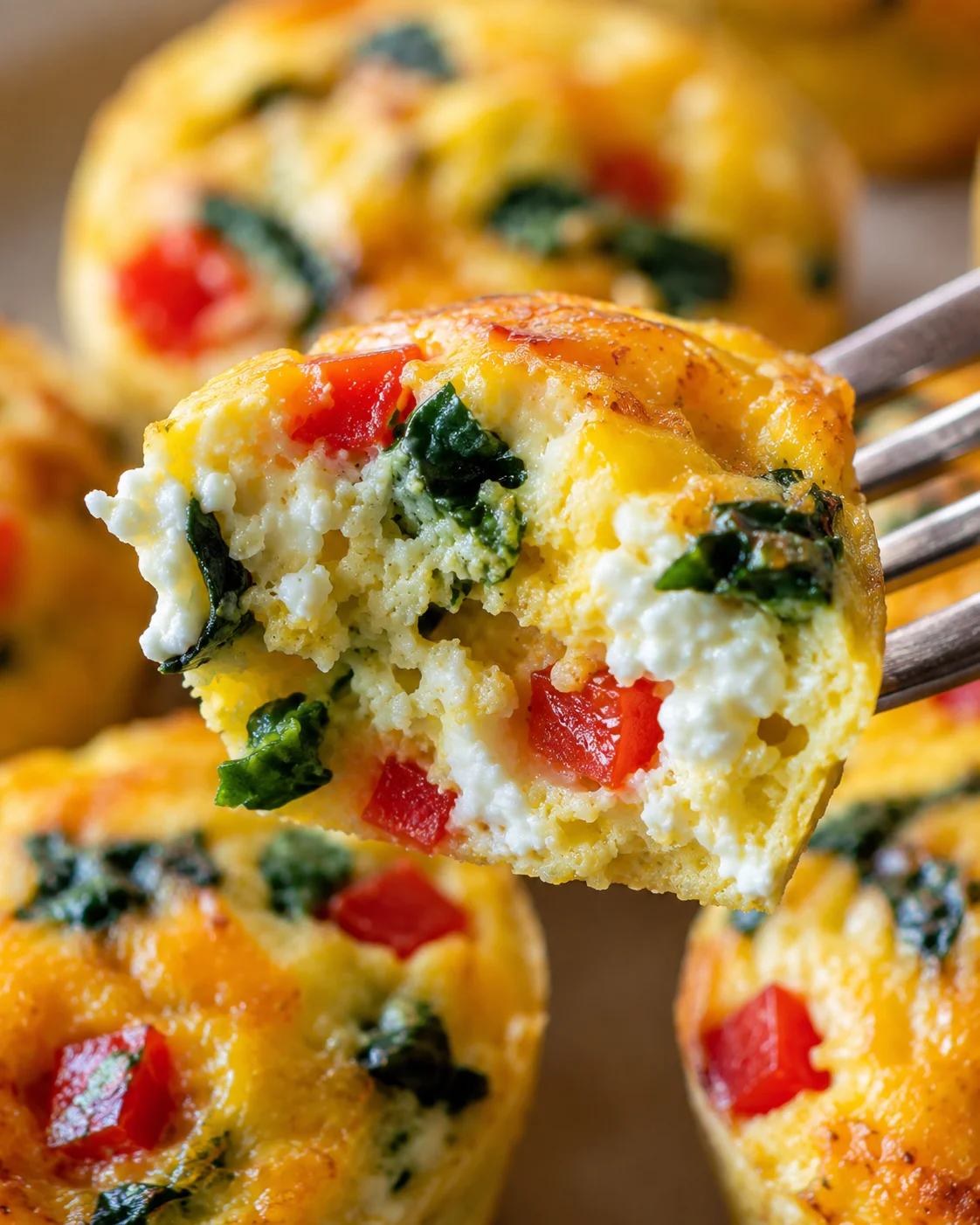 Fork holding a bitten Grab-N-Go Egg Bite showing the creamy cottage cheese and vegetable-studded interior