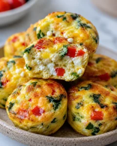 Stack of Grab-N-Go Egg Bites with cottage cheese showing a halved bite with visible cottage cheese, red pepper and spinach