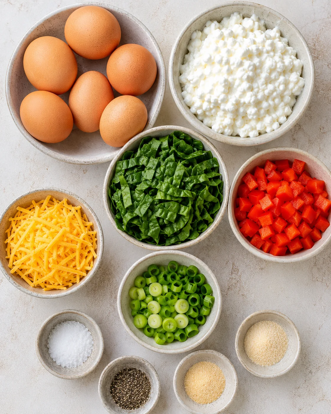 Top-down bowls of eggs, cottage cheese, spinach, diced red pepper, shredded cheese, green onion and seasonings for Grab-N-Go Egg Bites