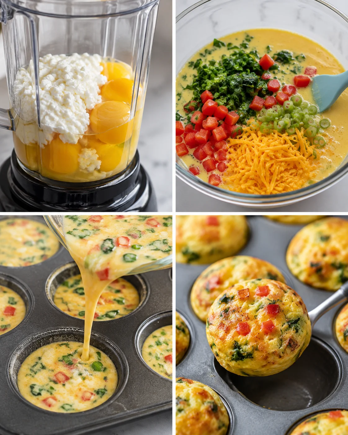 Four-panel collage showing blending eggs and cottage cheese, mixing in vegetables and cheese, pouring batter into a muffin tin, and baked egg bites being lifted