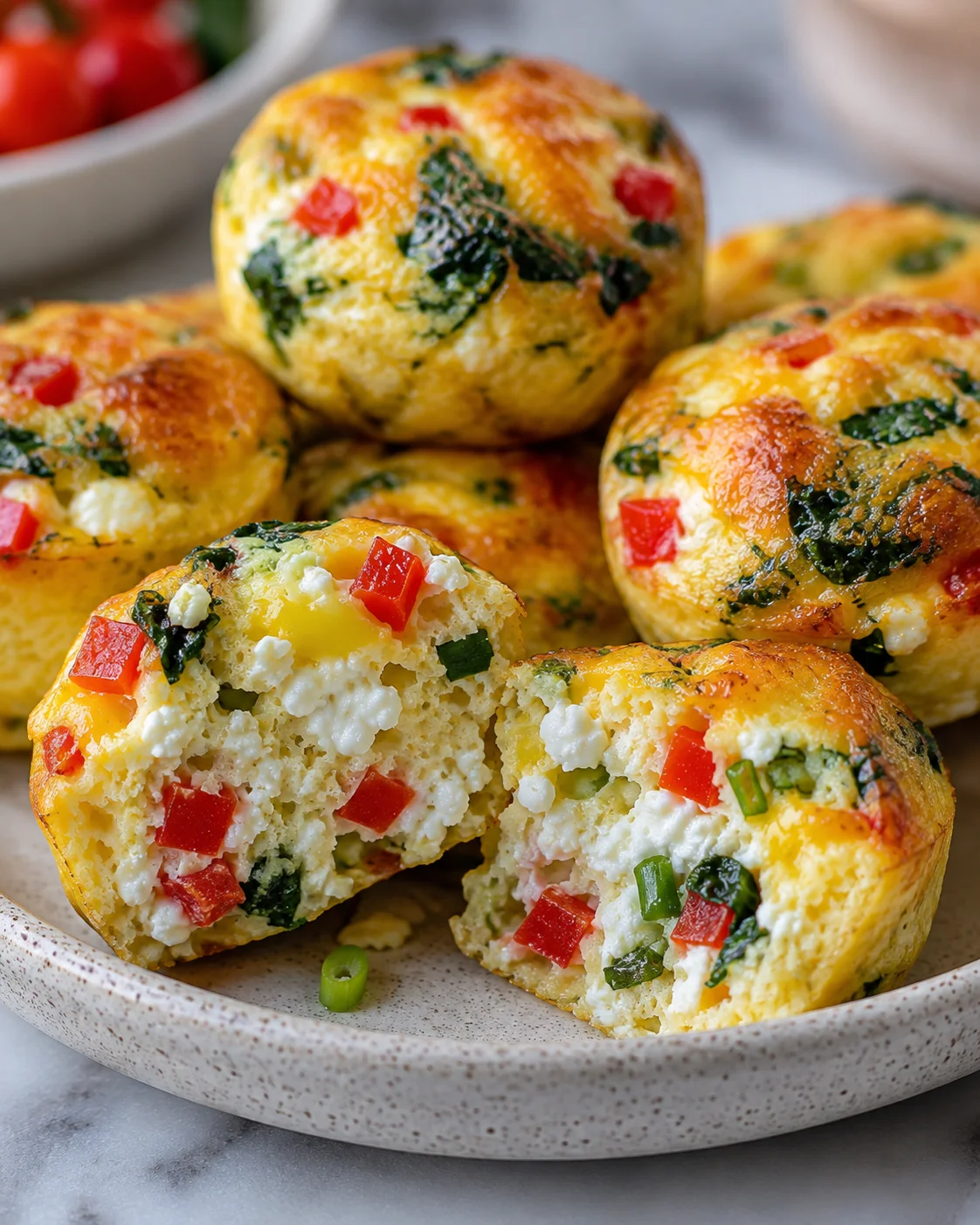 Plated Grab-N-Go Egg Bites with one cut open to reveal cottage cheese, bell pepper and green onion