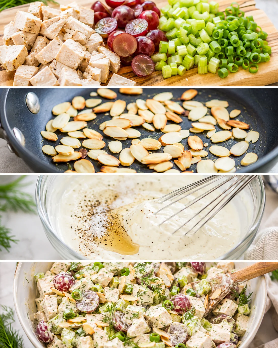 Collage of prep steps: chopped chicken and veggies, almonds toasting, dressing being whisked, and salad being mixed