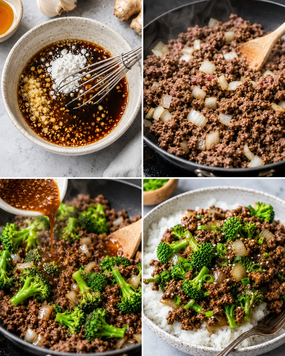 Collage showing sauce being whisked, beef browning, sauce poured over broccoli and the finished plated dish