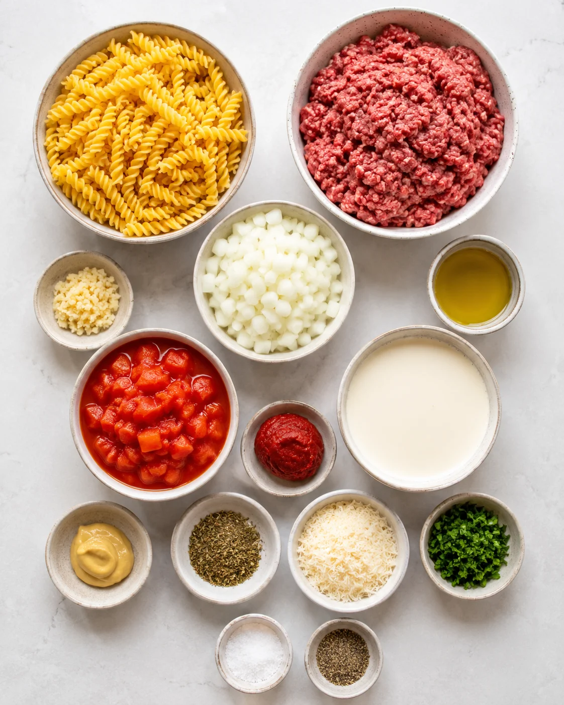 Top-down arrangement of ingredients for creamy ground beef pasta including pasta, raw ground beef, tomatoes, cream and seasonings