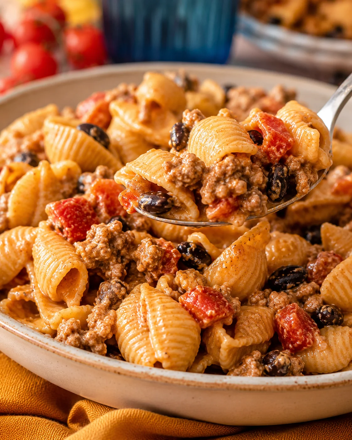 Bowl of Healthy Taco Pasta with chickpea shells, ground beef, black beans and tomatoes, spoon lifting a serving
